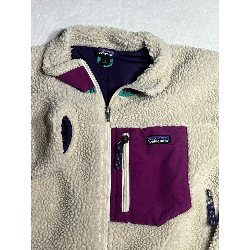 Patagonia Kids Retro-X Fleece Jacket Cream Purple Medium 10 Full Zip Sherpa